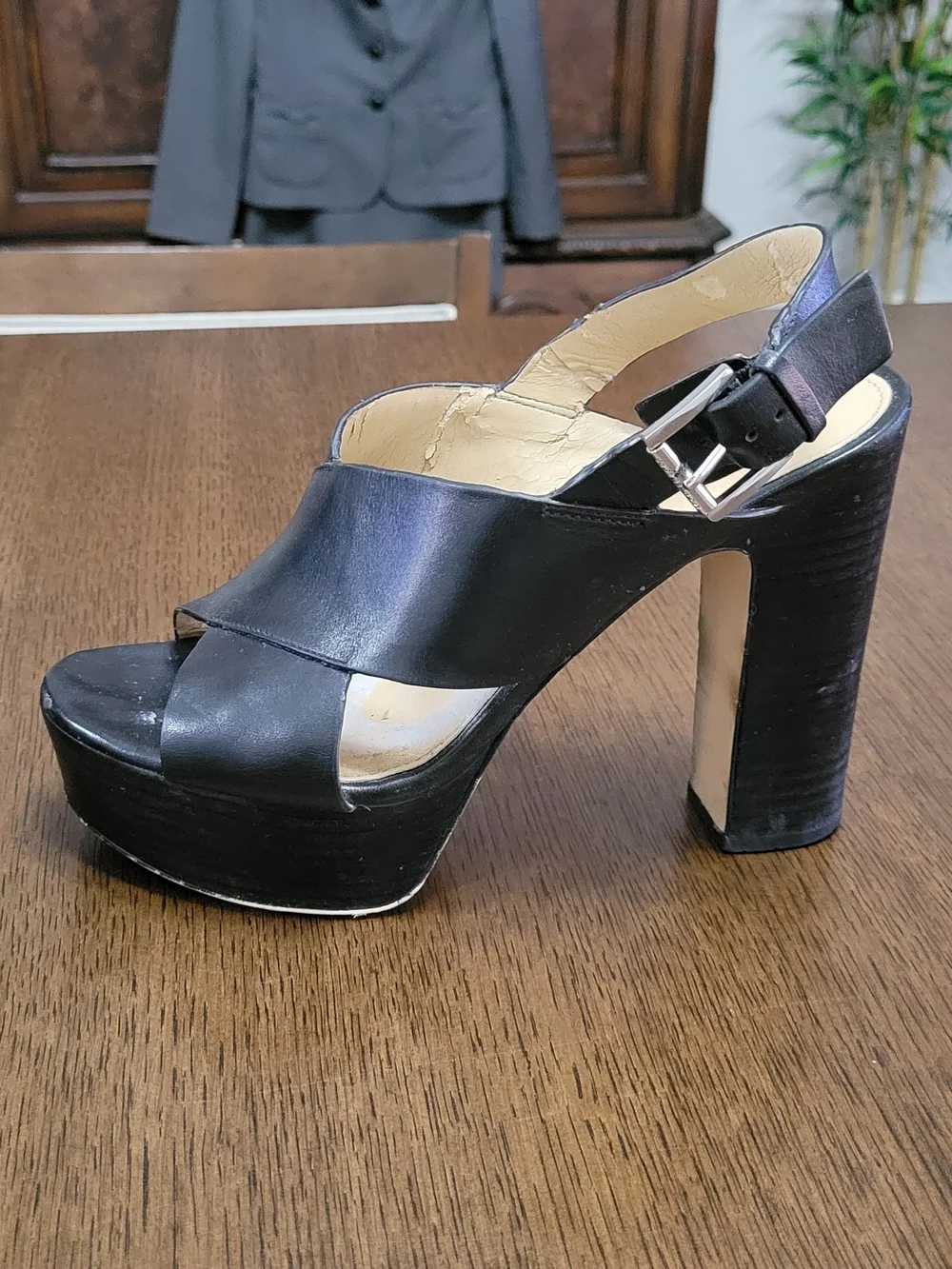 Michael Kors Black Leather Platform Peep-Toe Slingback Heels